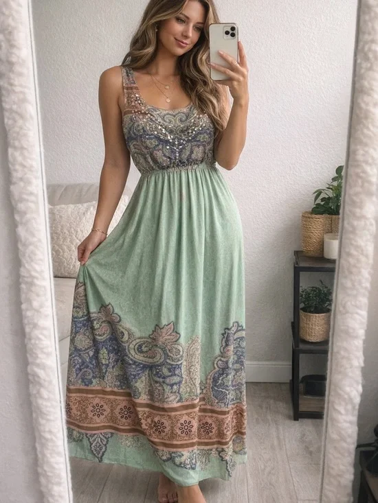 Sleeveless Mint Paisley Maxi Dress - Picture 1 of 5